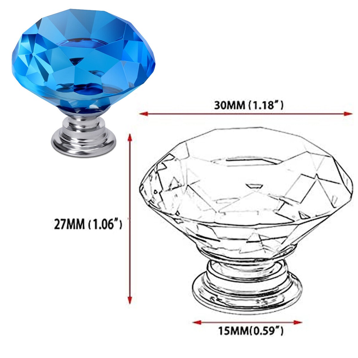 Bluecookies 16-Pack 30mm Diamond Crystal Glass Drawer Knobs – Clear Cabinet Pulls With Silver Base, Screws Included