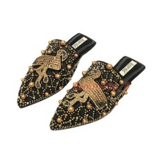 Women Hollowed Pointed Toe Mule Shoes Rhinestone Beaded Flat Loafers Slippers