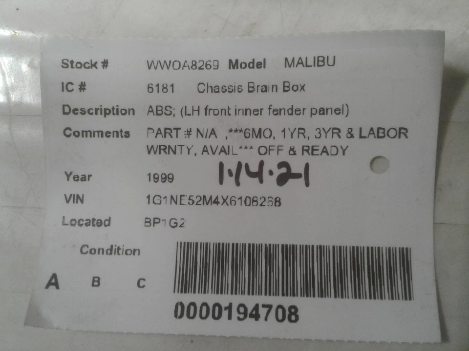 Used ABS Control Module fits: 1999 Chevrolet Malibu ABS LH front inner fender pa Foto 3 de 4