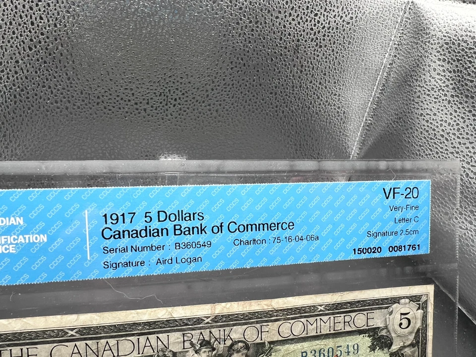 1917 Canadian Bank of Commerce $5 Bank Note Graded CCCS VF-20 SN#B360549 - Image 3 of 4