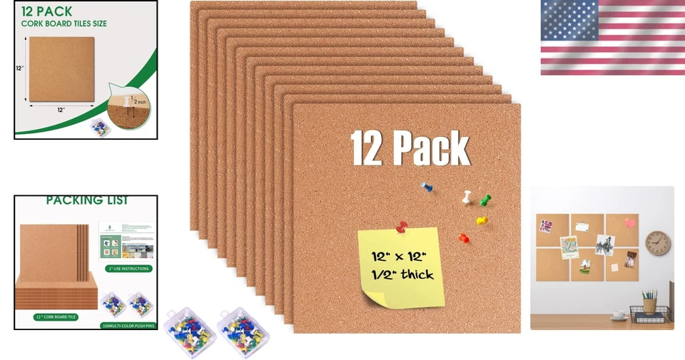 Eco-Friendly 12 Pack Cork Wall Decor Tiles - 1/2 Inch Thick for Home & Office - Image 2 of 4