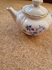 Vintage small teapot blue white floral gold trim mini decorative ceramic