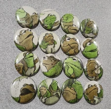 5 Pack Frog And Toad Upcycled Art Pins 1 Inch MYSTERY PACK Pinback Buttons OOAK