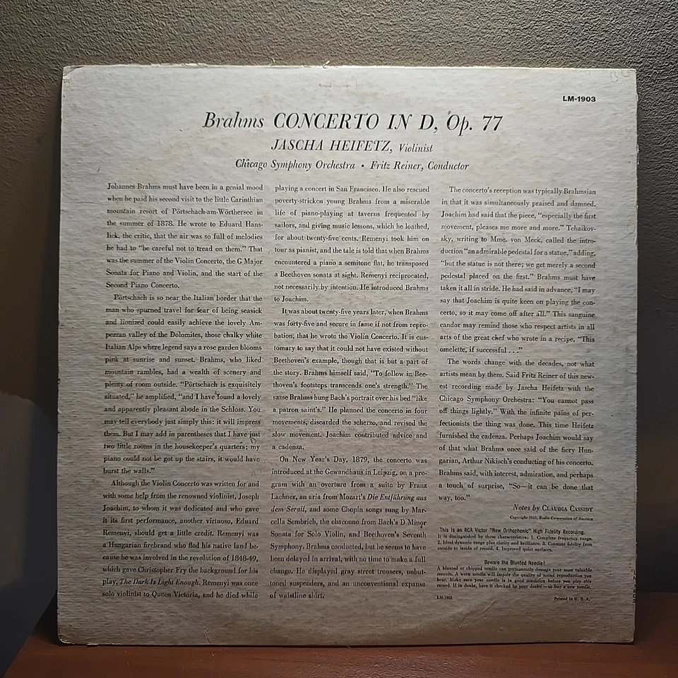 Брамс, Хейфец, Чикагский симфонический оркестр, Райнер — скрипичный концерт — 1957 RCA виниловая пластинка - Изображение 2 из 4