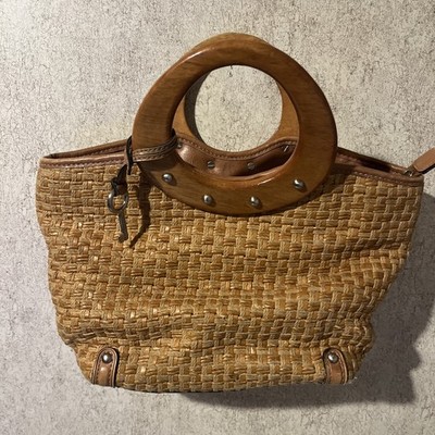 Vintage Fossil Brown Woven Straw Handbag with Wooden Handles & Leather Trim