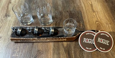 Rogue Brewing items : taster flight, 2 whisky tumblers, 3 bottle stoppers