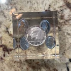 1967 Silver 40% Half Dollar And Other US Coins In A Lucite Cube Paperweight