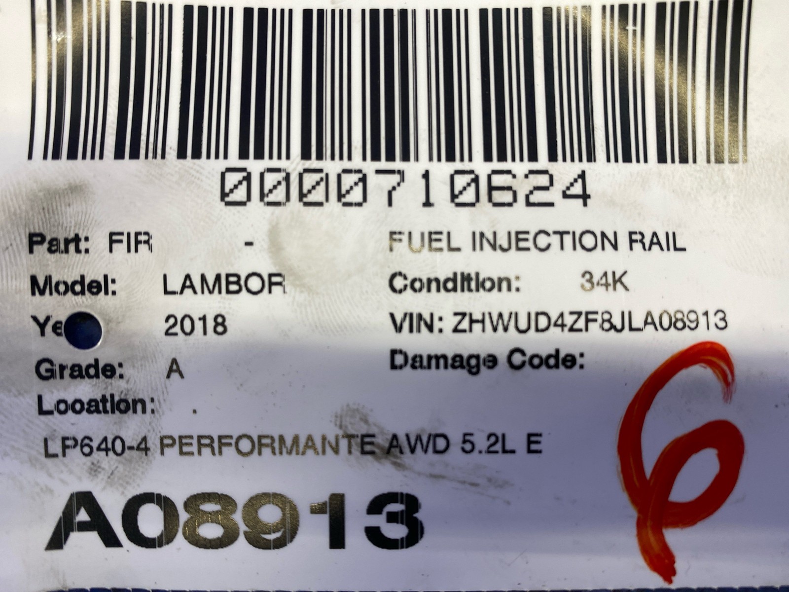 LAMBORGHINI HURACAN LP640-4 PERFORMANTE 5.2L ENGINE MOTOR INJECTOR 07L906036J