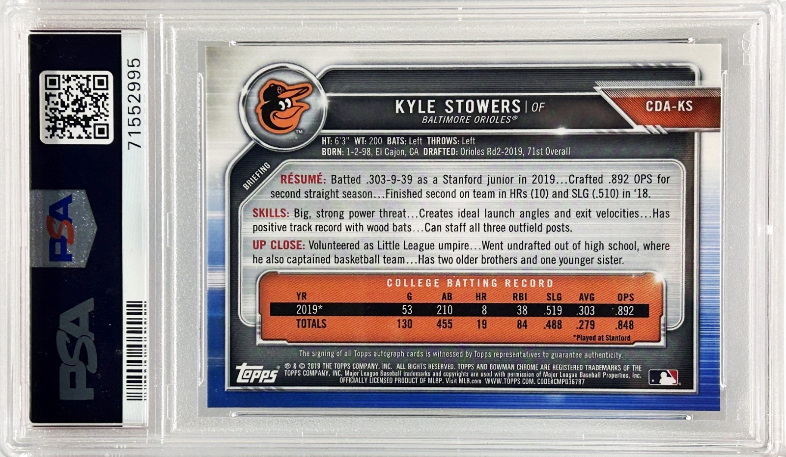 2019 Bowman Chrome Kyle Stowers Rookie PSA 9 Mint On-Card Auto RC OF #CDA-KS view 2