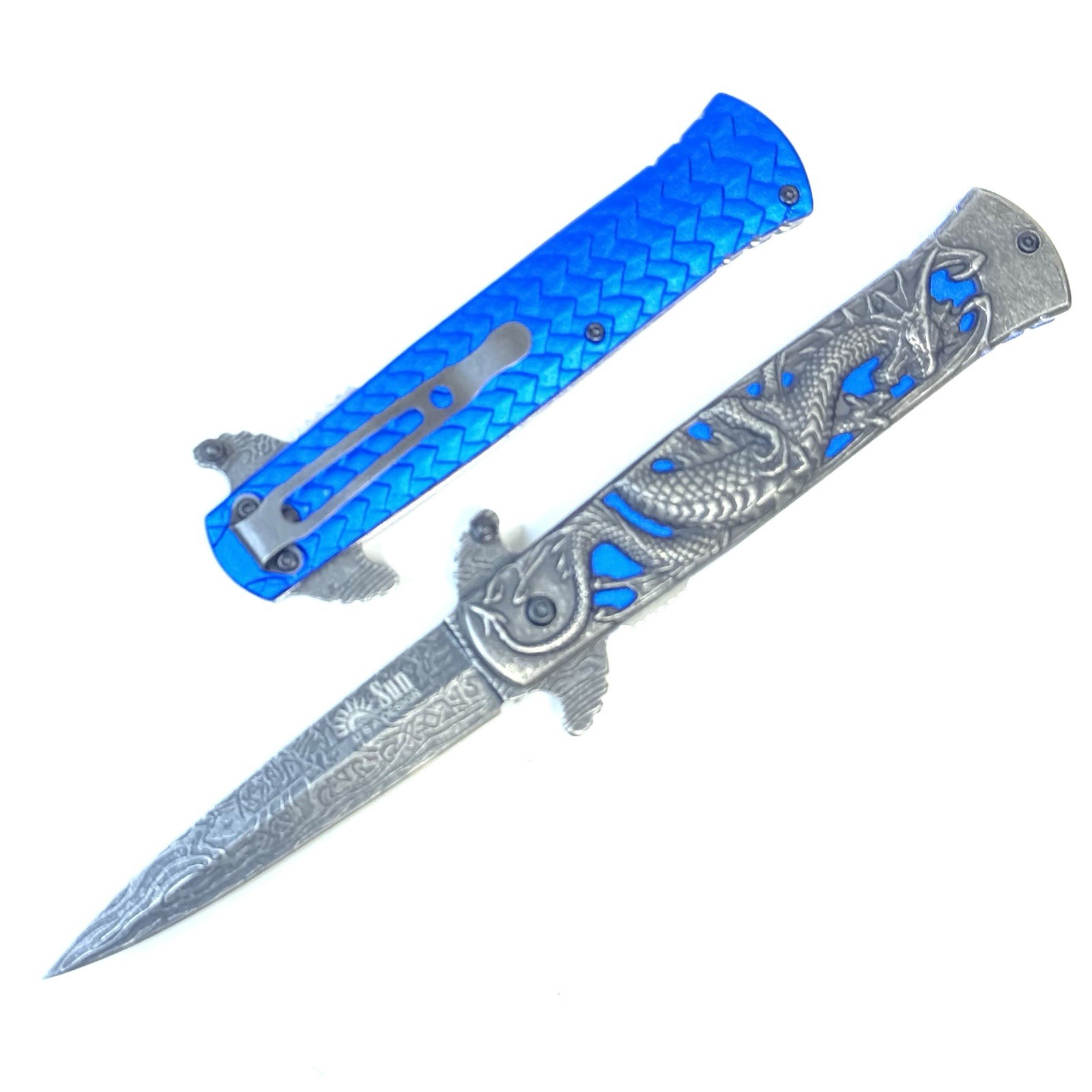 8.75” Blue Gray Dragon Engraved Spring Open Assisted Tactical Folding Knife