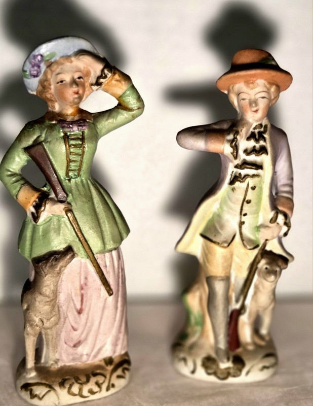 Occupied Japan 'Unusual'  Hunters w/ Dogs and Guns - 6" Tall   Bisque Figures