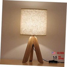 Small Bedside Table Lamp - Wooden Tripod Nightstand Lamp for Bedroom, Linen