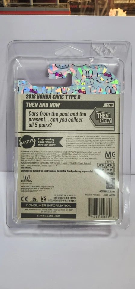 Hello Kitty CUSTOM Hot Wheels 2018 Honda Civic Type R w/card protector 1 of 1! - Image 4 of 4