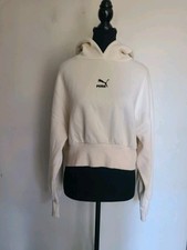 Puma Cropped Long Sleeve Hoodie Pullover Sweatshirt Cream Size L