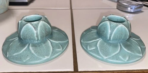Vintage 1919 ROOKWOOD Pottery Lily Pad Candlestick Holders #2311 Mottled Aqua