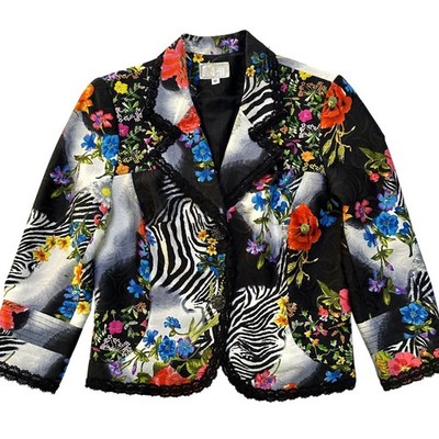 Alberto Makali Blazer Sz 12 Floral Zebra Lace Patchwork Jacket Maximalist Y2K