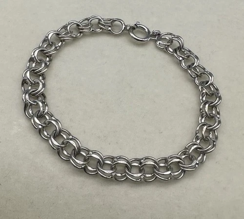 Vintage Sterling Silver Charm Bracelet Double Link Chain Spring Ring Clasp 7”