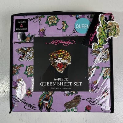 New Ed Hardy 6-Piece QUEEN Size Sheet Set Americana / Asian Tattoo Tiger Print