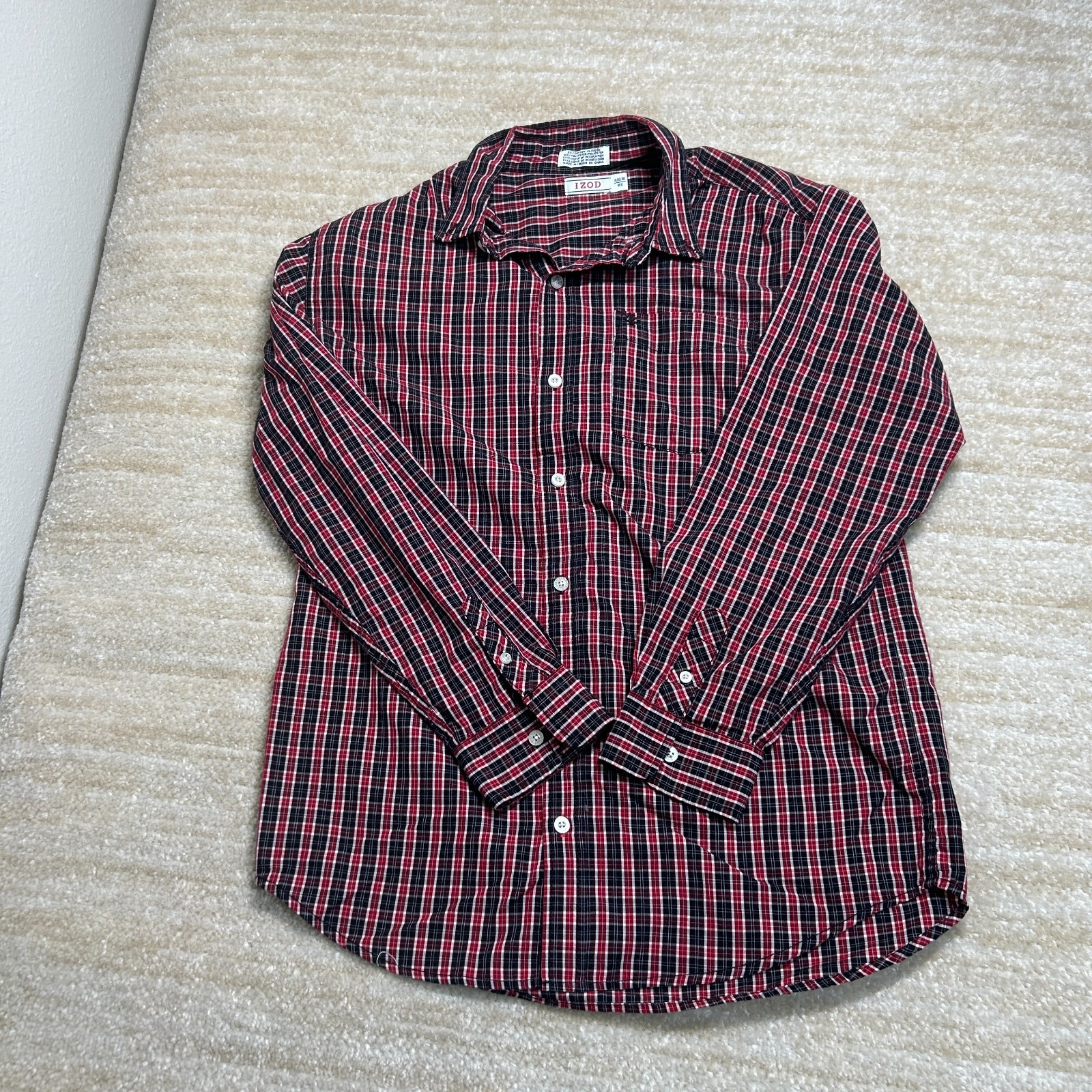 IZOD Mens XL Red Black Plaid Button Up Long Sleeve Casual Cotton Blend Shirt