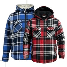 Mens Sherpa Hooded Jacket Blue Red Plaid Fleece Lined Full Zip Winter Coat 0530