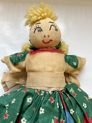 Vintage Rag Doll Yellow Hair Girl Hand Stitched Floral Dress Embroidered Face - Picture 5 of 11