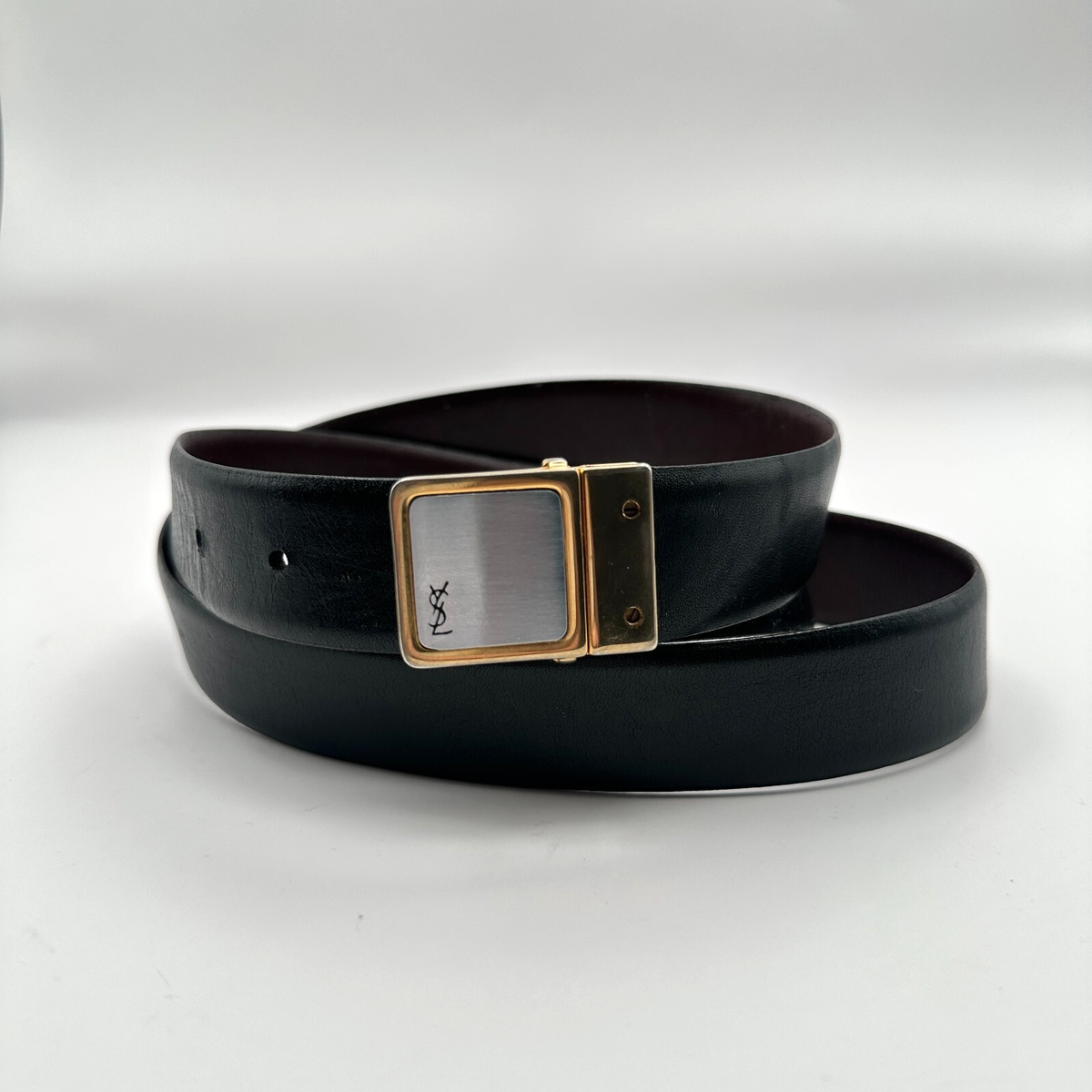 Vtg Yves Saint Laurent Belt Womens Black Leather Adjustable Gold