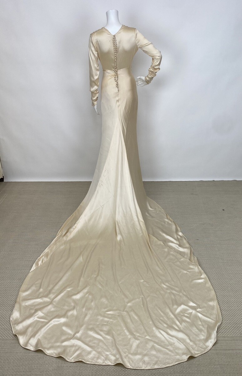 Antique 1930s Bias Cut Silk Liquid Satin Wedding Gown Cream Bridal