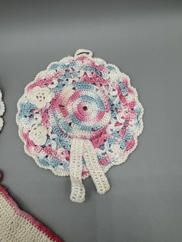 3 Handmade Vintage Rose Floral Colorful Potholders Crocheted Mini Hats - Picture 2 of 7