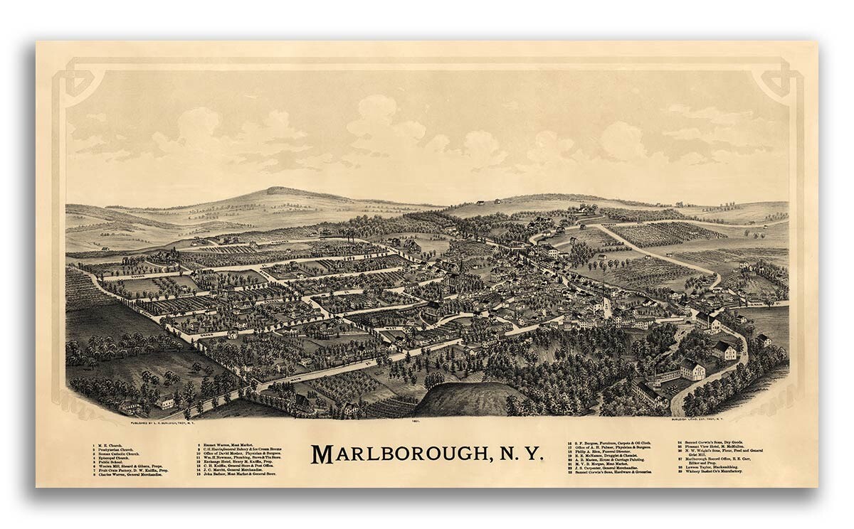 1891 Marlborough New York Vintage Old Panoramic NY City Map