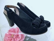 Vintage 40s 50s Black Suede Slingback Heels 6.5 AA Leather Piping Instep Trim