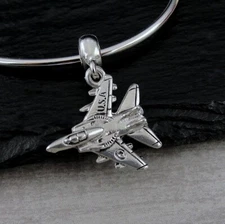 Silver USA Fighter Jet Dangle Charm - Military Plane Charm for European Bracelet