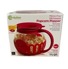 Ecolution Micro-Pop Microwave Popcorn Machine Popper Red Silicone Glass 1.5 Qt