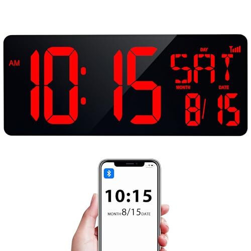 16.5" Large Digital Wall Clock Bluetooth Sync Time, Precise Atomic Clocks Red