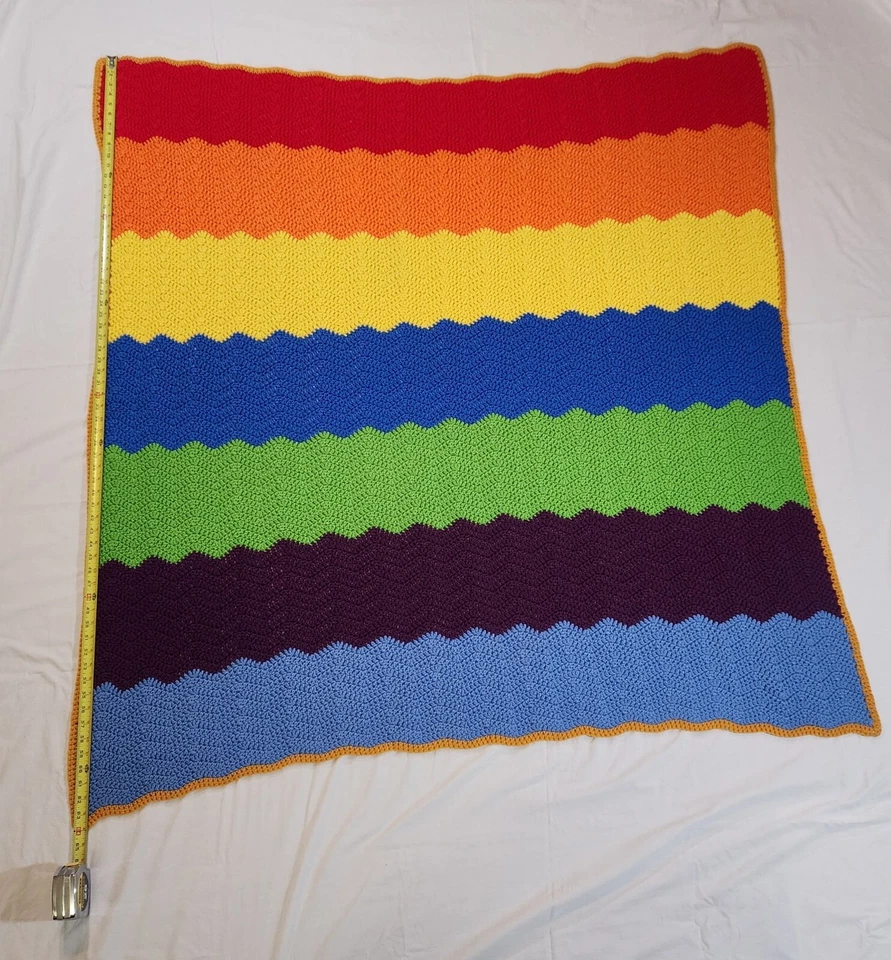 Manta Afgana De Colección Chevron Zig Zag Crochet Lanzamiento Brillante Arco Iris Retro 56x64 Foto 3 de 4