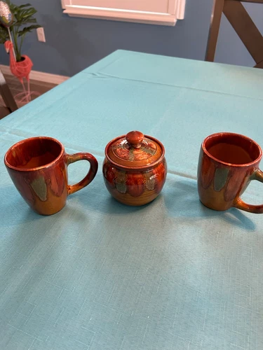 Vintage Dryden Hot Springs Arkansas Pottery Cup Mug Green Brown & Sugar Bowl