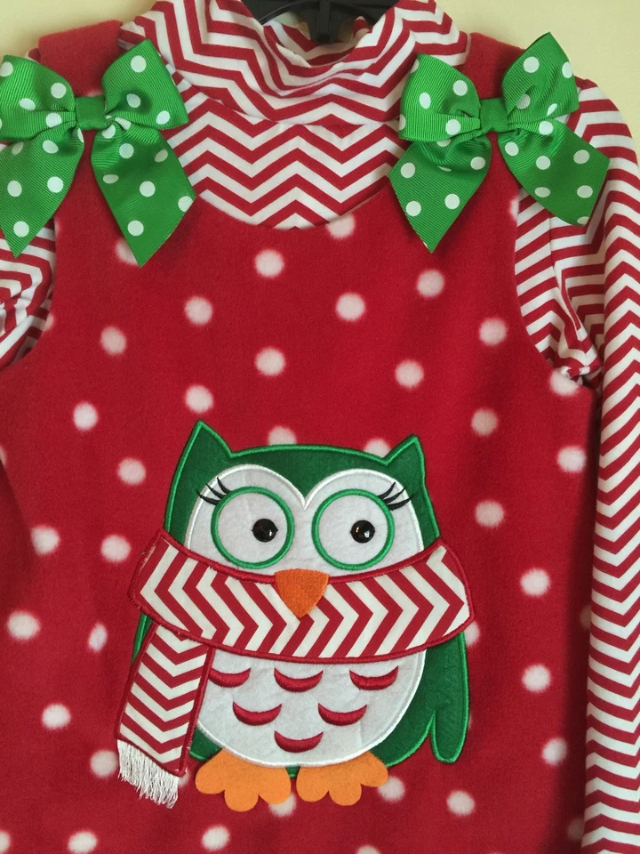 NUEVO Vestido tipo jersey Bonnie Jeans Niñas Rojo Navidad Polar Búho Talla 5 y 6 Chevron Foto 2 de 4