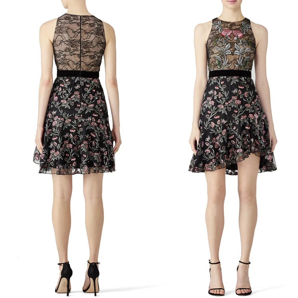 Monique Lhuillier Sheer Black Floral Rose Embroidered Lace Dress - Large / 12 - Image 2 of 4