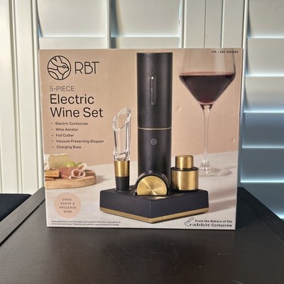 Rabbit 5 Piece Electric Wine Aerator & Corkscrew Set Black & Gold
