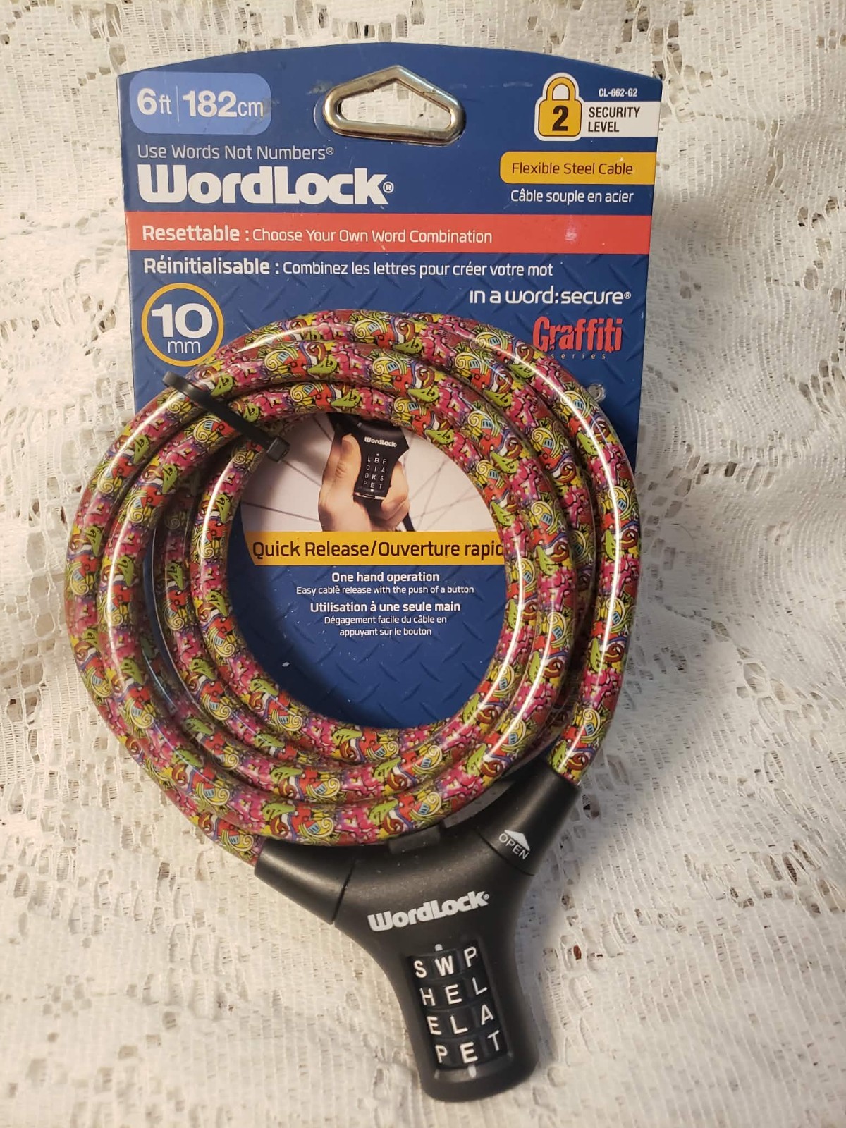 Brand New ~ WordLock Flexible Steel Cable Bike Lock ~ 6' ~ Graffiti Color ~ 10mm