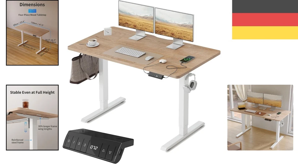 Ergonomischer Höhenverstellbarer Schreibtisch mit USB-A und USB-C, Eiche 120x... - Bild 2 von 4