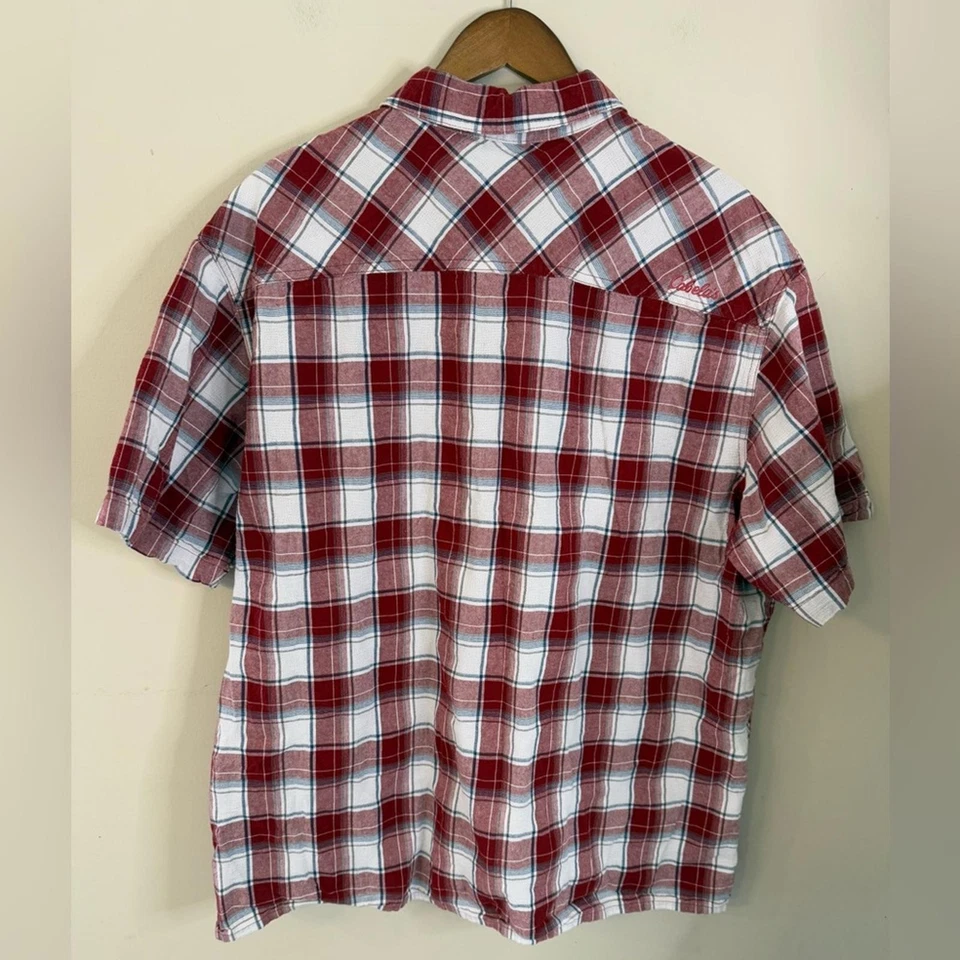 Cabela's Red Gray White Plaid short sleeve button up Shirt SZ 2XL - Image 2 of 4