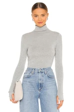 ENZA COSTA Lurex Rib Long Sleeve Fitted Turtleneck Top Silver M $154 E2 336