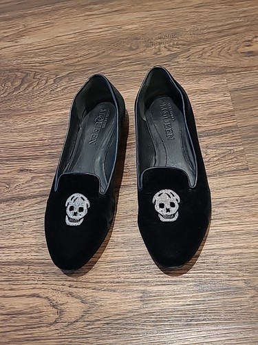 Alexander McQueen Ballet Flats Black Velvet Skull Embroidered Smoking Size 41