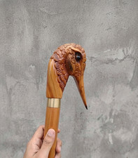 Hand Carved Wooden Walking Cane Heron Bird Head Handle, Polished Brass Joint,