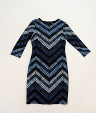 Karen Kane Women's Dress Size M Black Blue Chevron Sheath 3/4 Sleeve Stretch