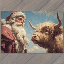 ART CARD Santa Claus Highland Cow Blue Sky Christmas Farm Holiday Rustic Winter