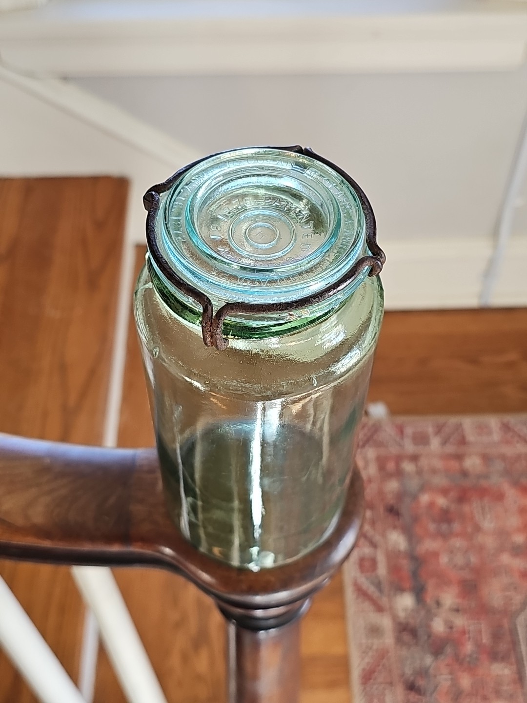 Apple green Cohansey fruit canning jar tall cylinder quart aqua wire lid Mason