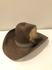 Vtg AHC Straw Feathered Western Cowboy Hat Size 7 Brown Color EUC