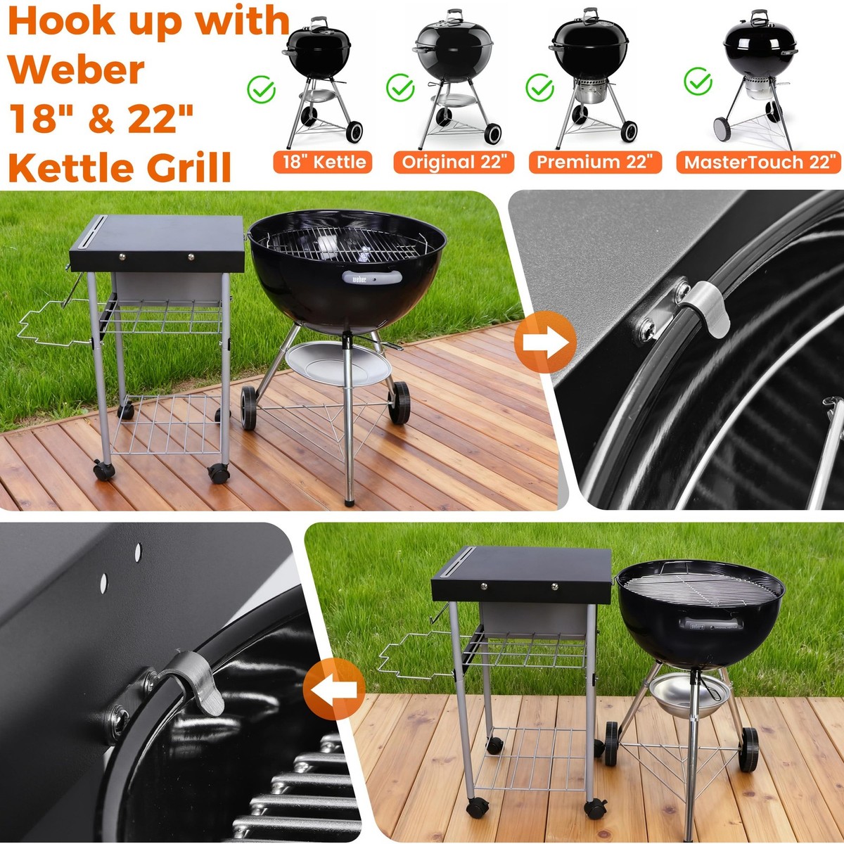 Grill Table Cart for Weber 22 inch Kettle 18in Charcoal Camping