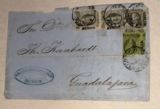 Mexico cover to Guadalajara March 24 1864 vertical pair of 2r + single 2r + 1r